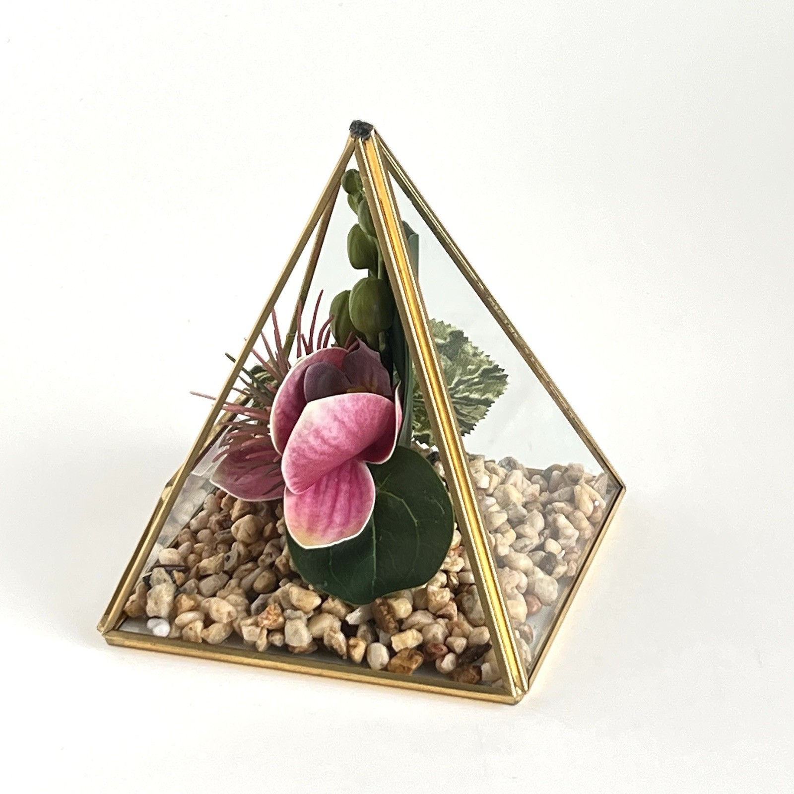 Geometric Pyramid Terrarium Tabletop Planter Artificial Succulents 6” Brass