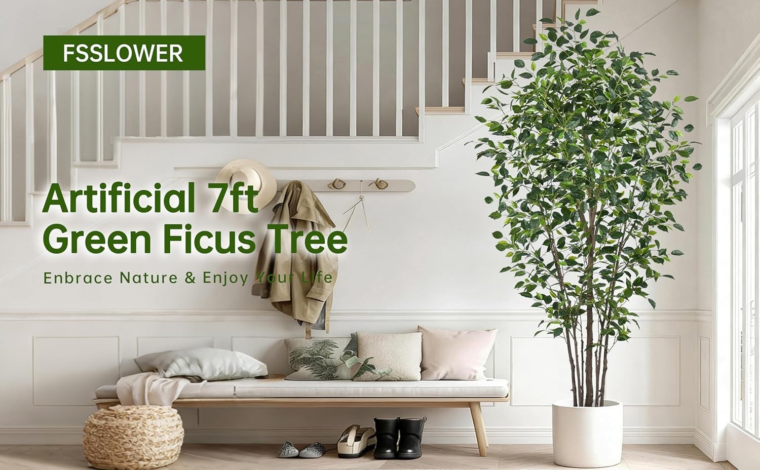 Artificial Ficus Tree 7FT with 1748 Leaves & White Planter Realistic Tall Large