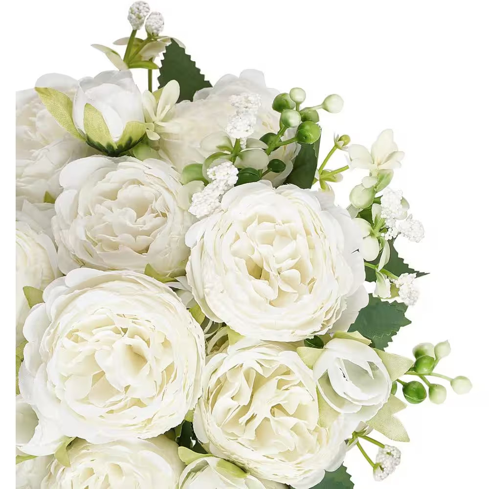 12.6 In. White Indoor Artificial Peony Flowers in Silk Bouquets for Home Decor