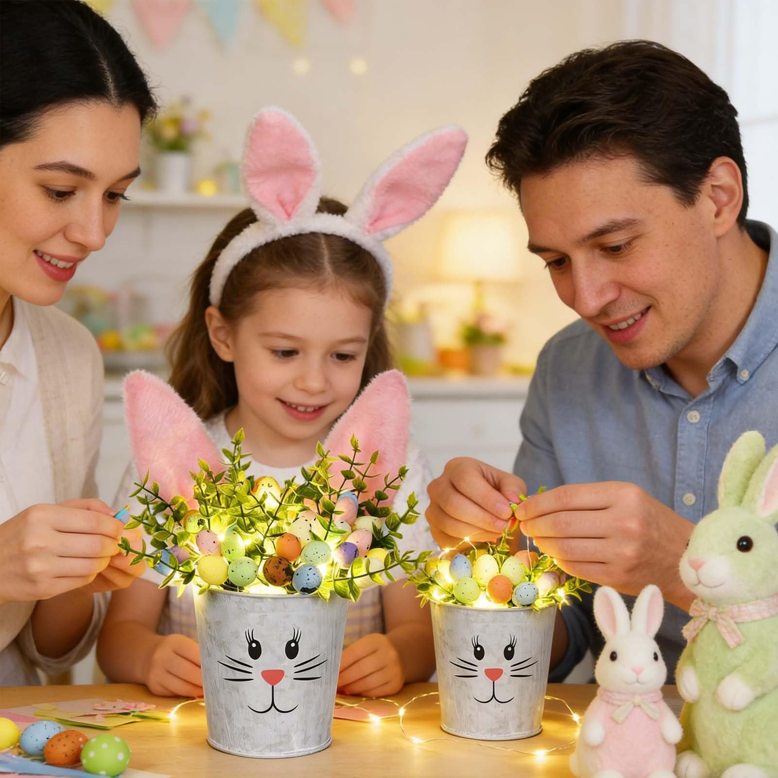 Lighted Artificial Flower Bunny Ear Desk Decor With Color Eggs 2 PCS
