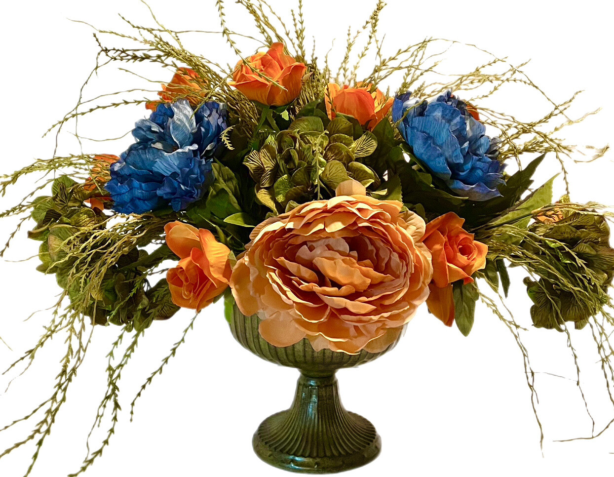 Floral arrangement Blue Orange Olive 22” Peony Rose Hydrangea Modern Centerpiece