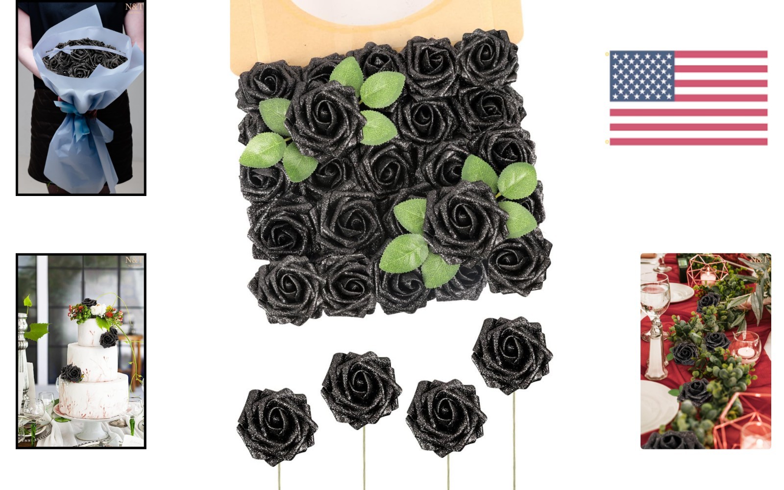 Realistic 25pcs Black Glitter Foam Roses – Perfect for Bouquets & Centerpieces