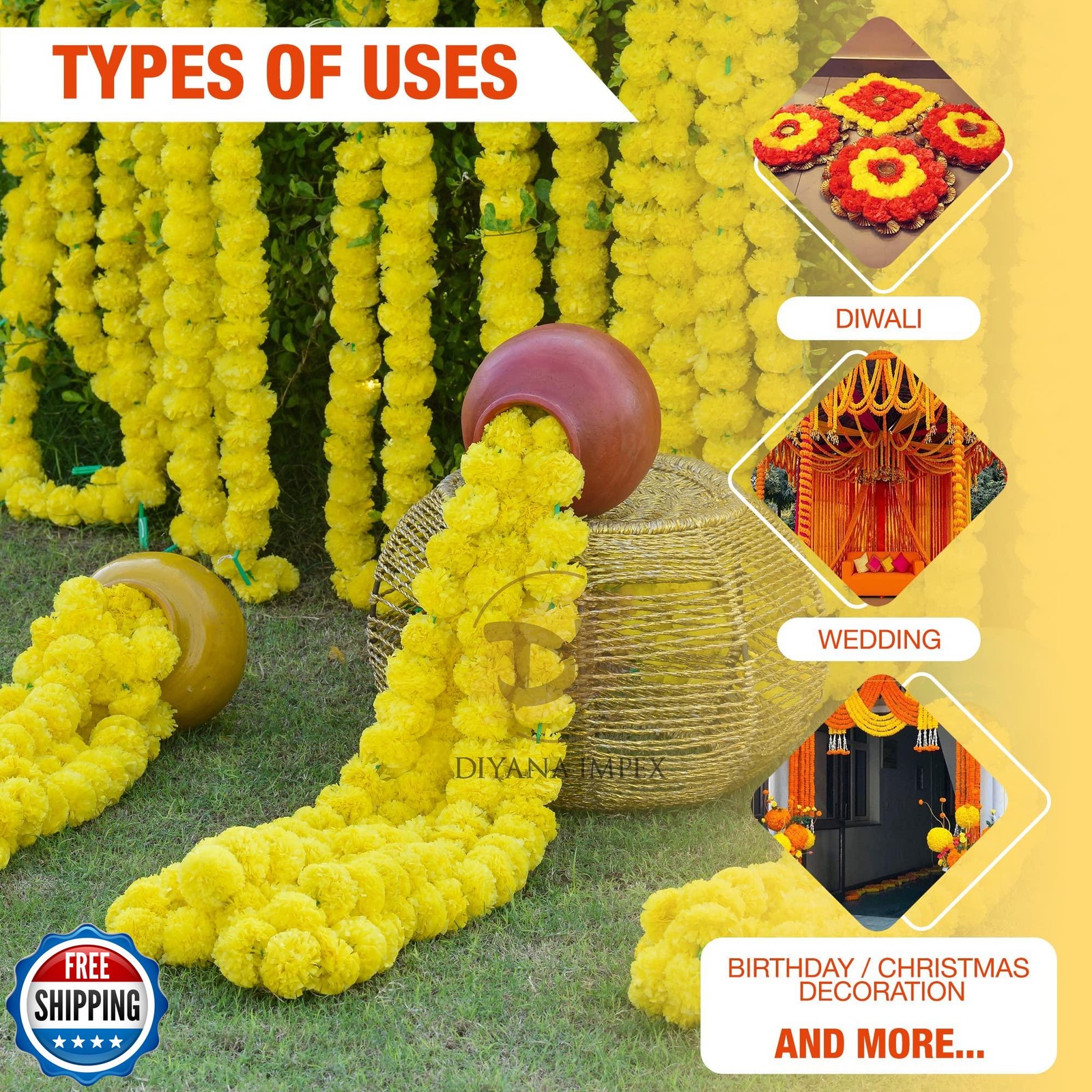DIYANA IMPEX Marigold Garland for Decoration 10 Pcs of 5 feet Long Strands Ar