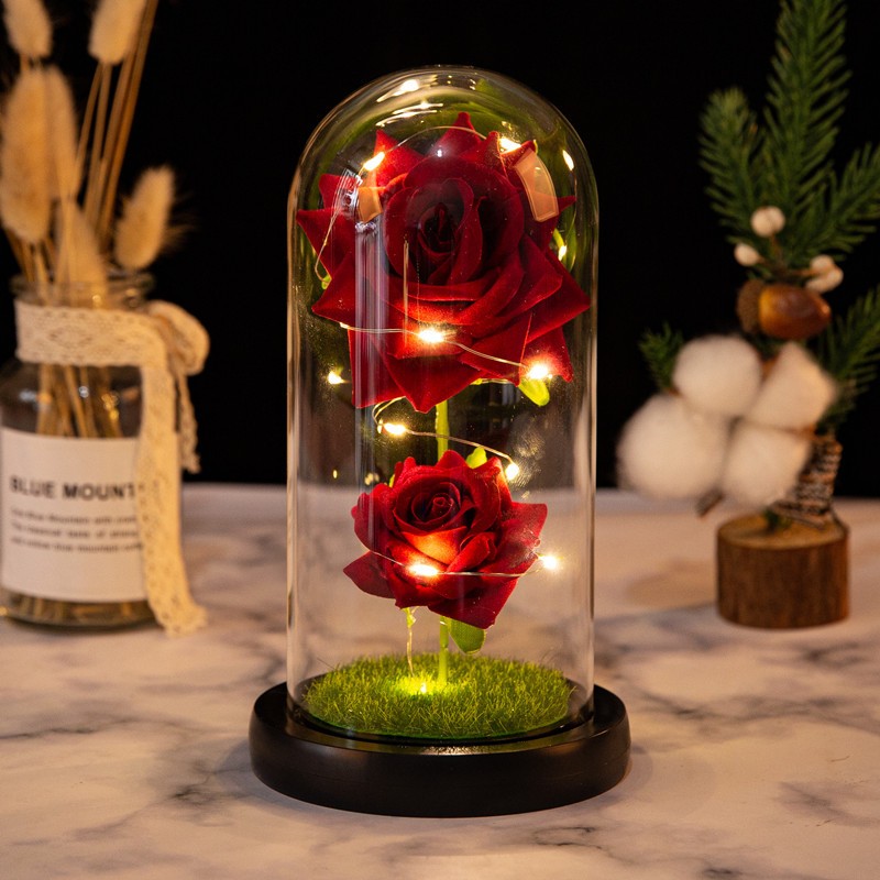 Christmas Valentine’s Day Birthday Gift Two Roses Glass Cover Ornament LED Light