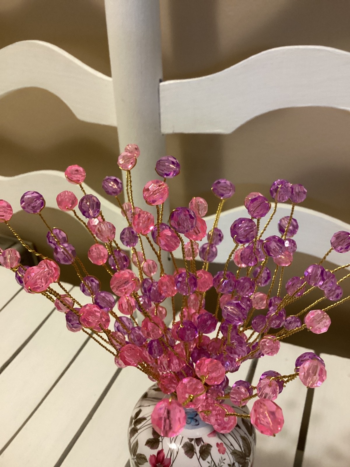 BEADED BOUQUET WITH VASE COTTAGE FARMHOUSE STYLE PINK HANDMADE NEW