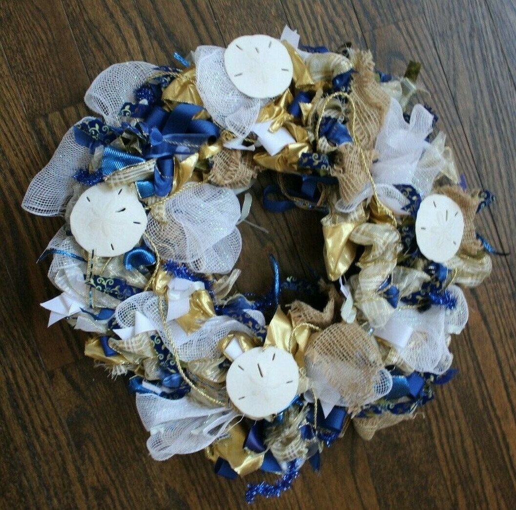 All Occasion Sea Ocean Beach Sand Dollar Door Wreath Blue Gold White 22″ dia
