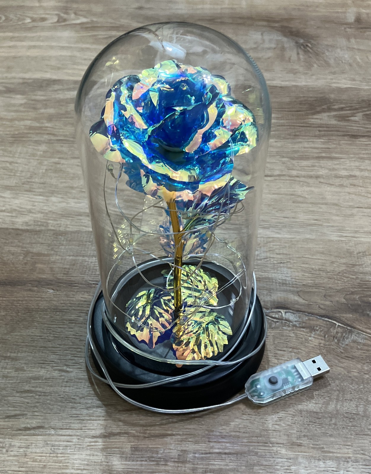 Light up Rose in Glass Dome, Blue & Gold with LED Fairy Lights USB Plug Colorful