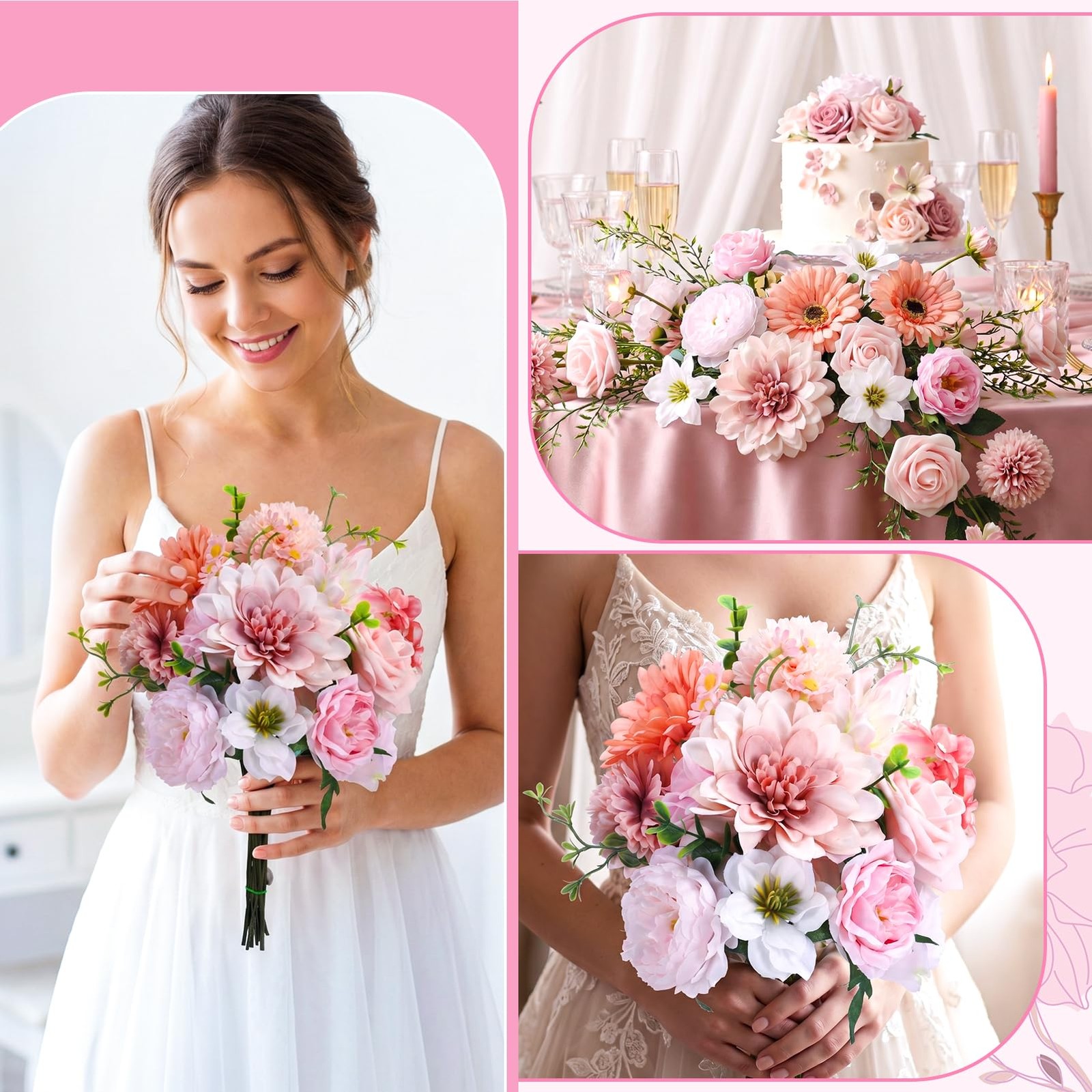 Pink, Dusty Pink, White Artificial Flowers Combo Box Fake Silk Roses with Ste…