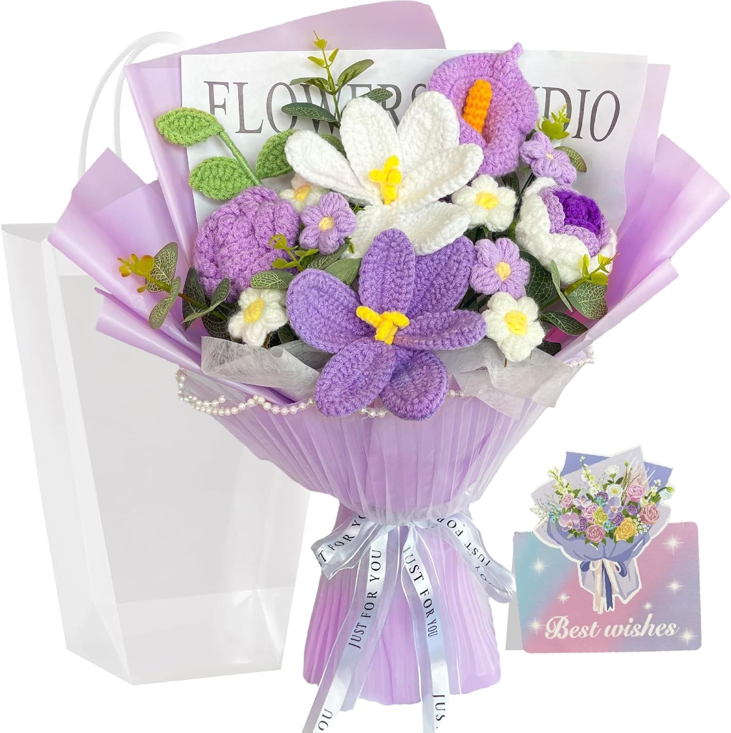 Crochet Flower Bouquet, Purple Handmade Knitted Flower, Crochet Rose Tulips C…