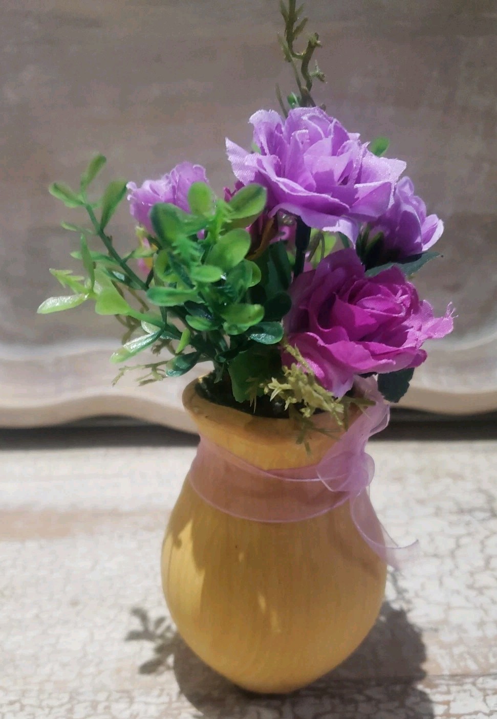 Purple Greenery Floral Arrangement Table Home Decor Pottery Pitcher 7″ TALL