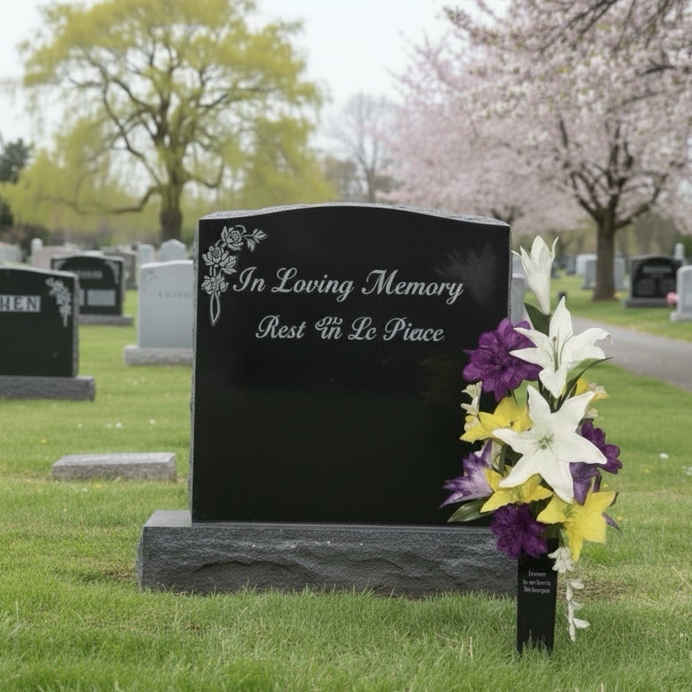 Cemetery Flowers Spring Arrangement Purple White Yellow Metal Inscribed Vase NEW