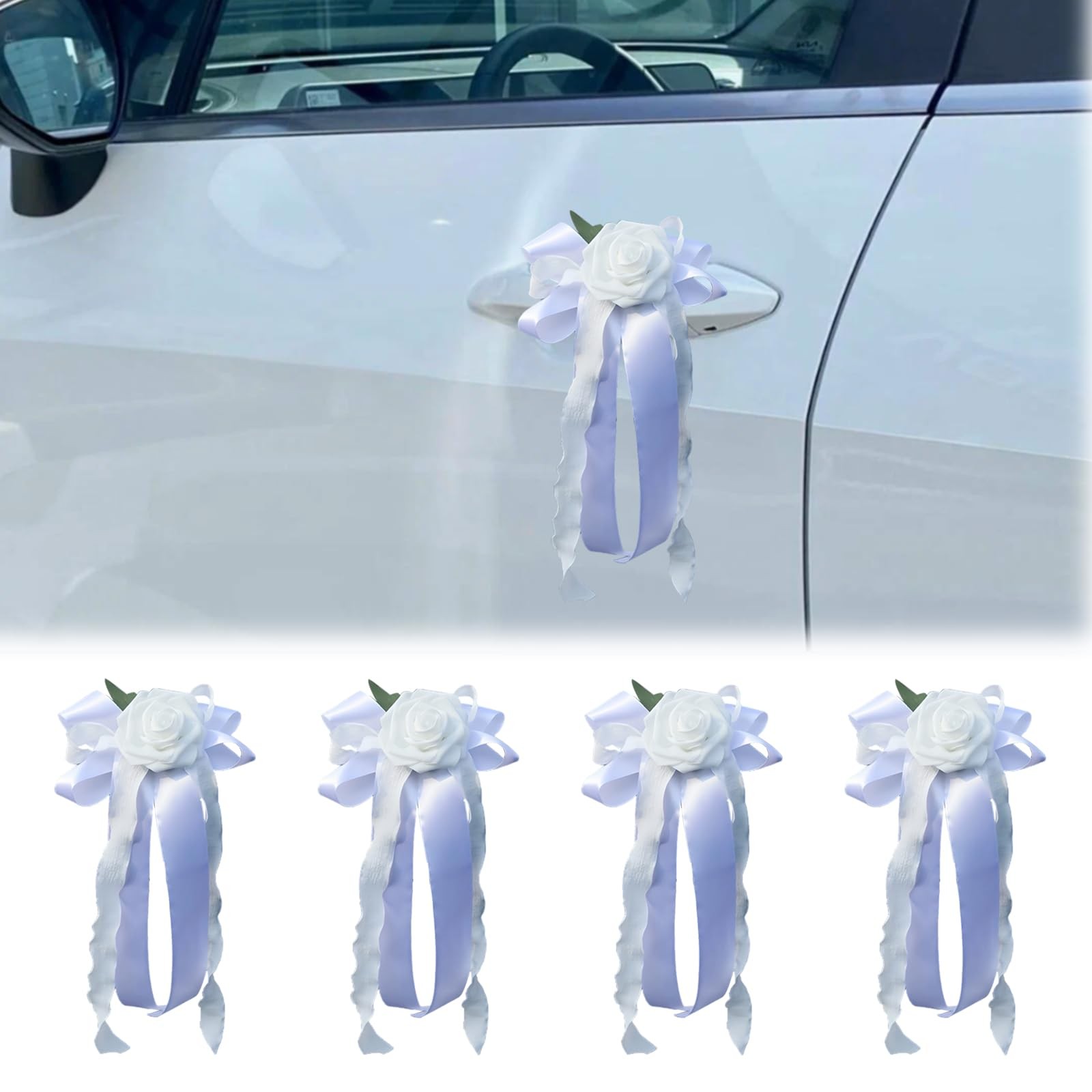 White Artificial Flower Bow, Ribbon, Wedding Car Decor, Door Handle, Rearview