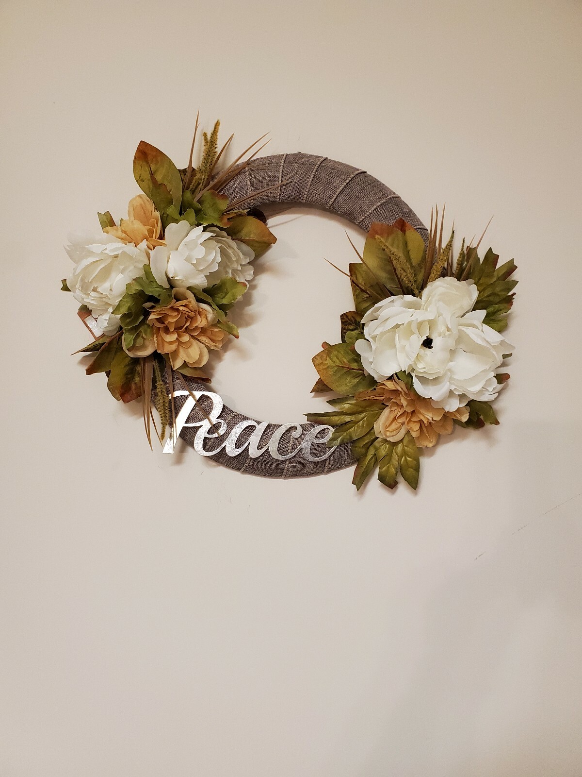 PEACE peony white beige brown green BEAUTIFUL WREATH elegant Decor Front Door 15