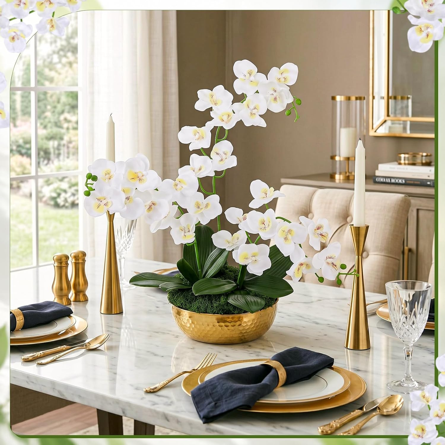 Elegant 28″ Artificial Orchids in Gold Vase – Faux Phalaenopsis Centerpiece