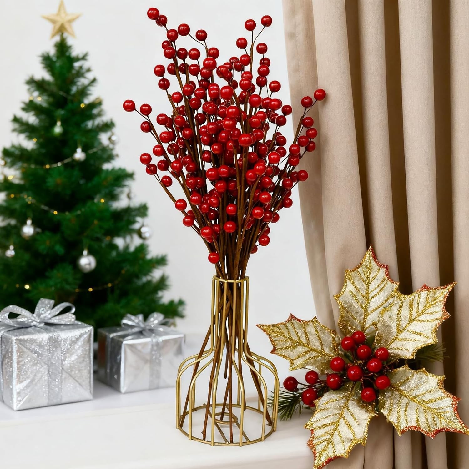 12pcs 13.5″ Red Holly Berry Stems for Christmas, Faux Greenery Picks and Sprays