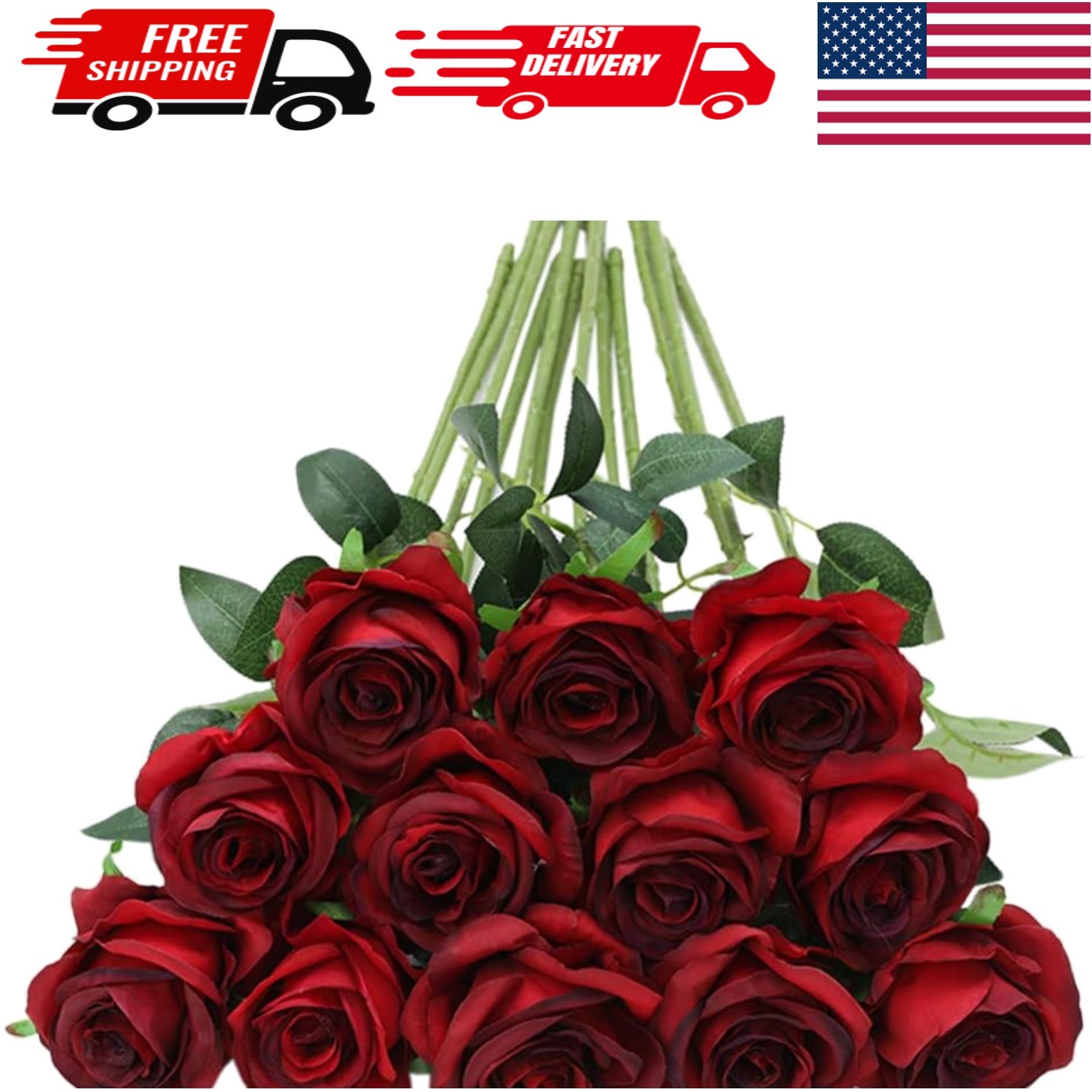 12pcs Burgundy Red Artificial Roses – Realistic Silk Bouquet for Elegant Decor
