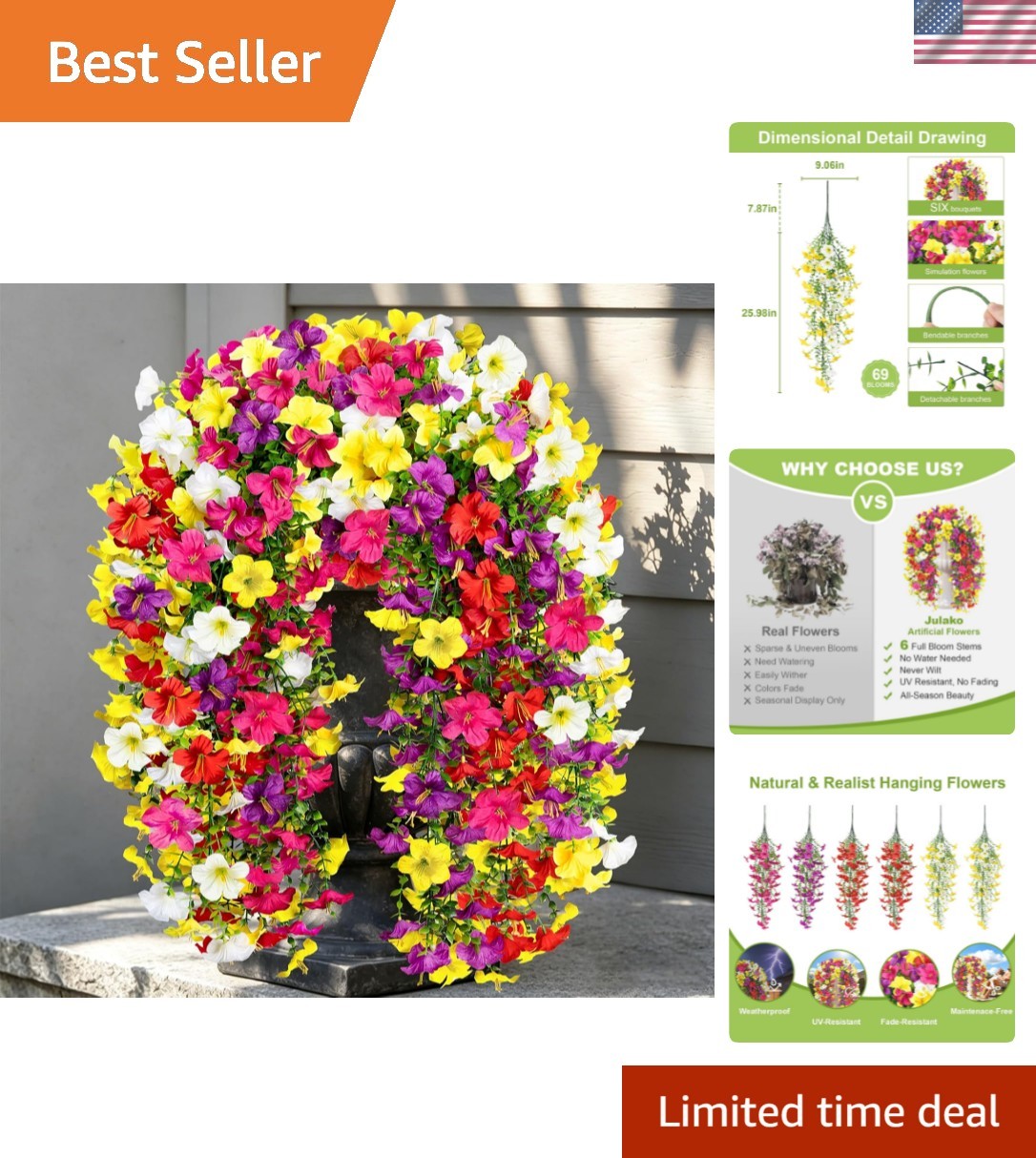 Artificial Hanging Flowers for Outdoors, 6 PCS 414 Blooms UV Resistant Faux S…