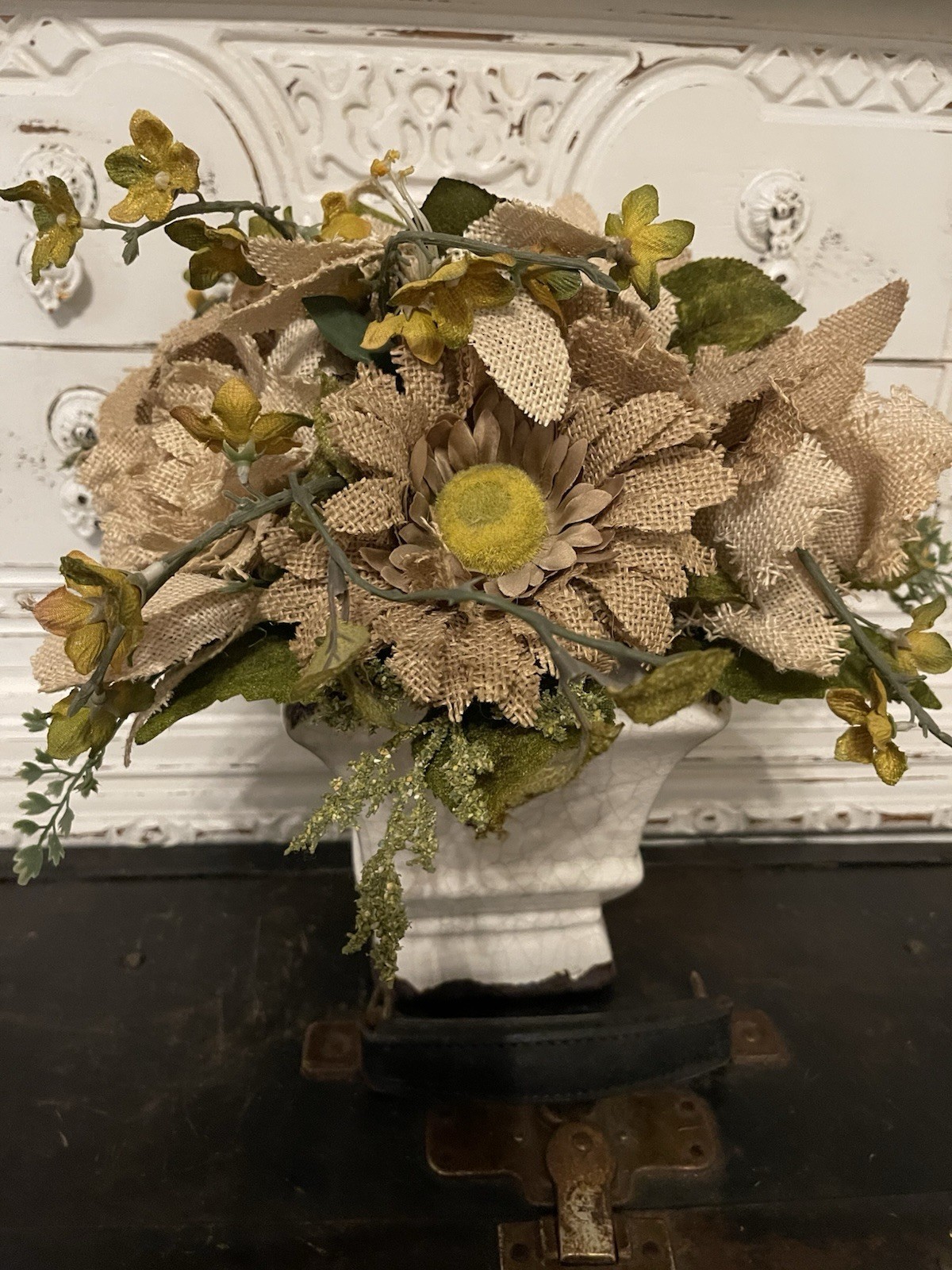 Burlap Flowers Farmhouse White Distressed Rustic Floral Centerpiece Decor
