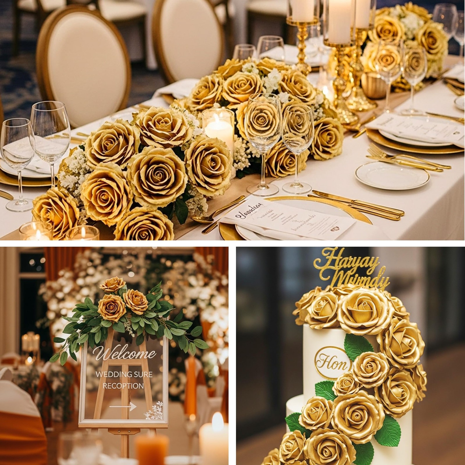 60 PCS Gold Artificial Faux Silk Roses Realistic Bouquet For Table Centerpiece