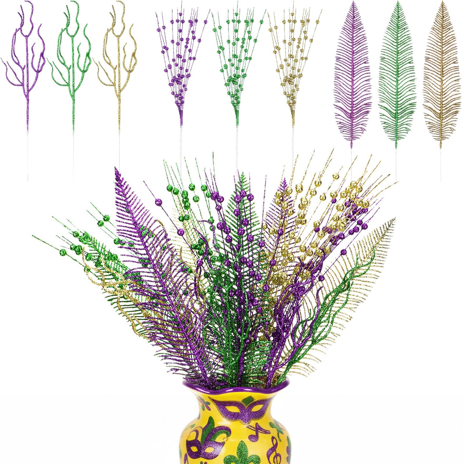 18 Pcs Mardi Gras Glitter Tree Picks Purple Gold Green Centerpiece Table Deco…