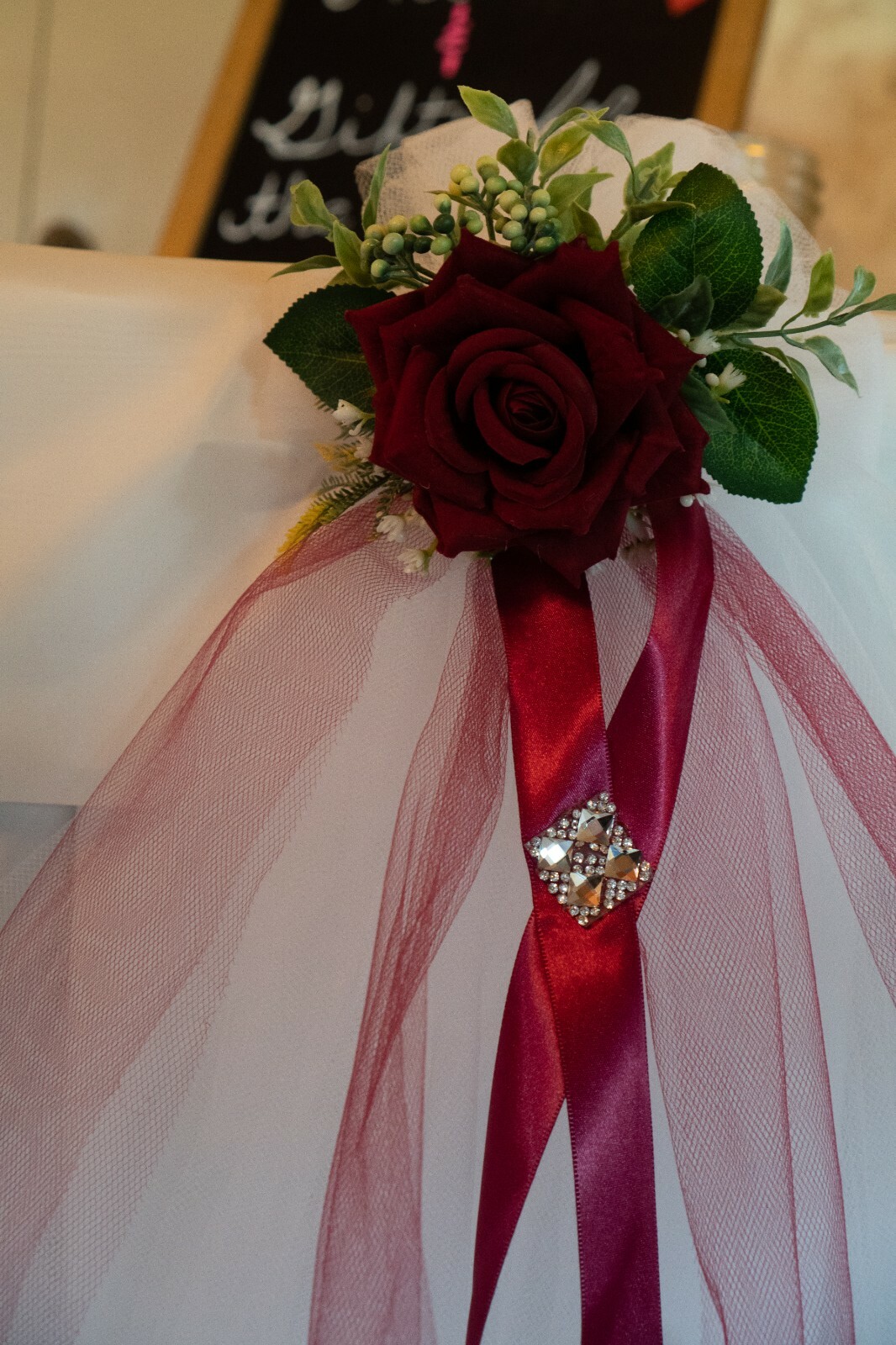Wedding Pew Decorations White Tulle Red Roses Bling Crystals Elegant ChurchDecor