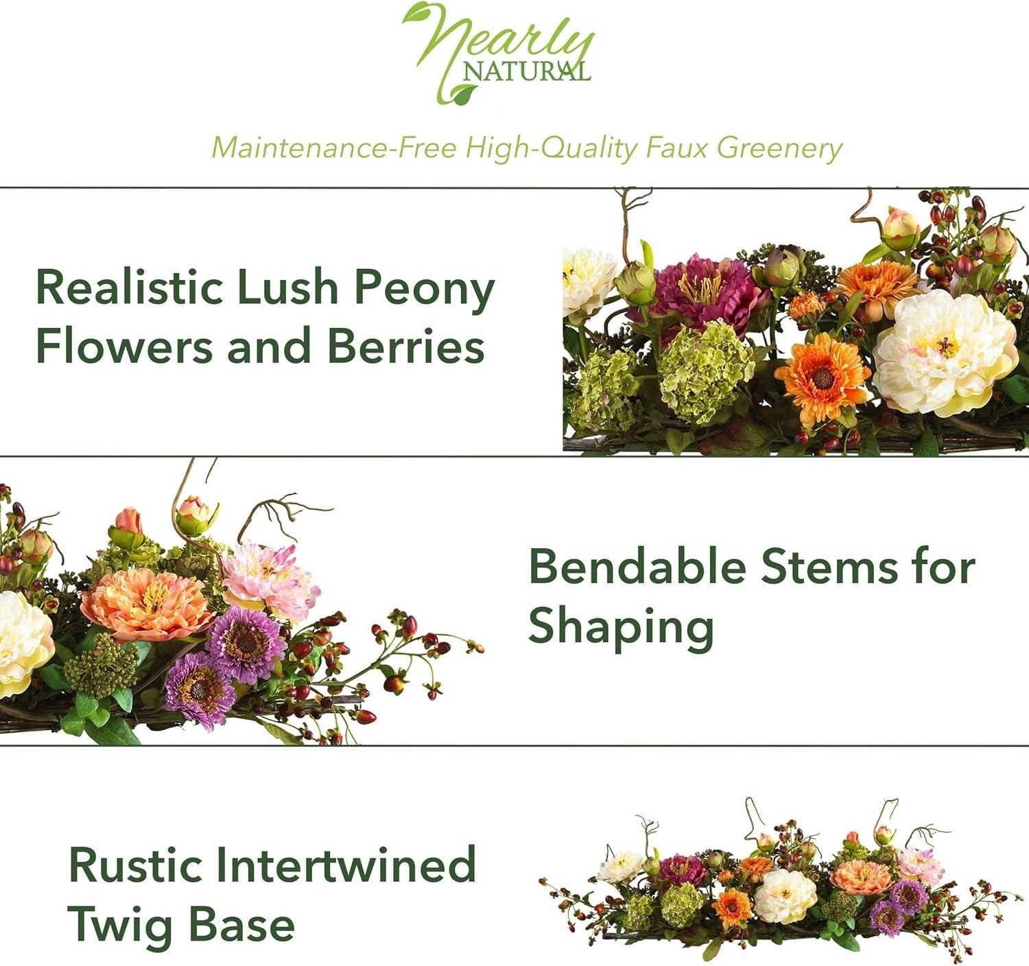 4665 Mixed Mini Peony Centerpiece Silk Flower Arrangement,10″D x 34″W x 6.5″H