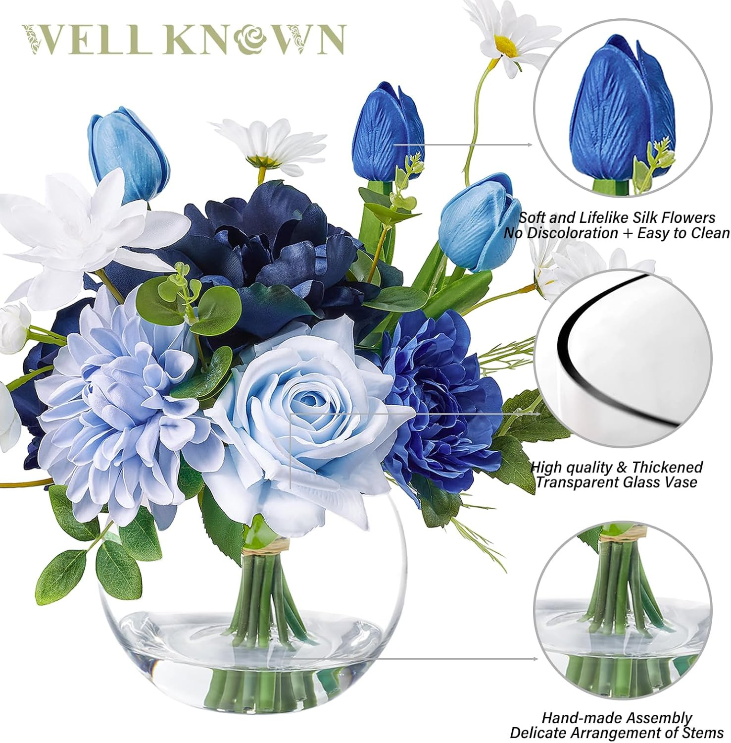 Artificial Flowers with Vase Silk Flower Arrangements in round Bowl Vase with Fa