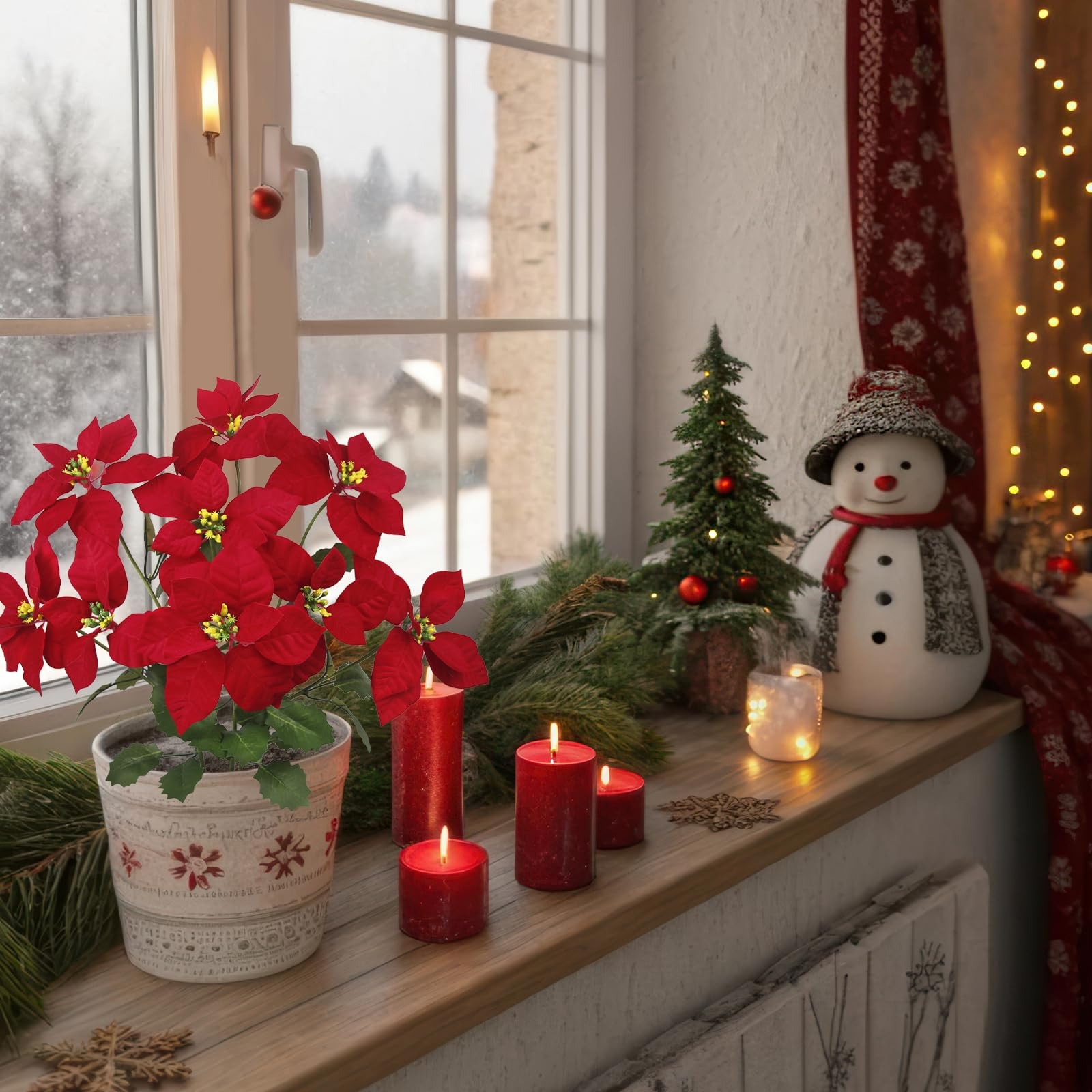 3 Pcs Christmas Flowers Red Artificial Poinsettia Bushes Christmas Poinsettia…
