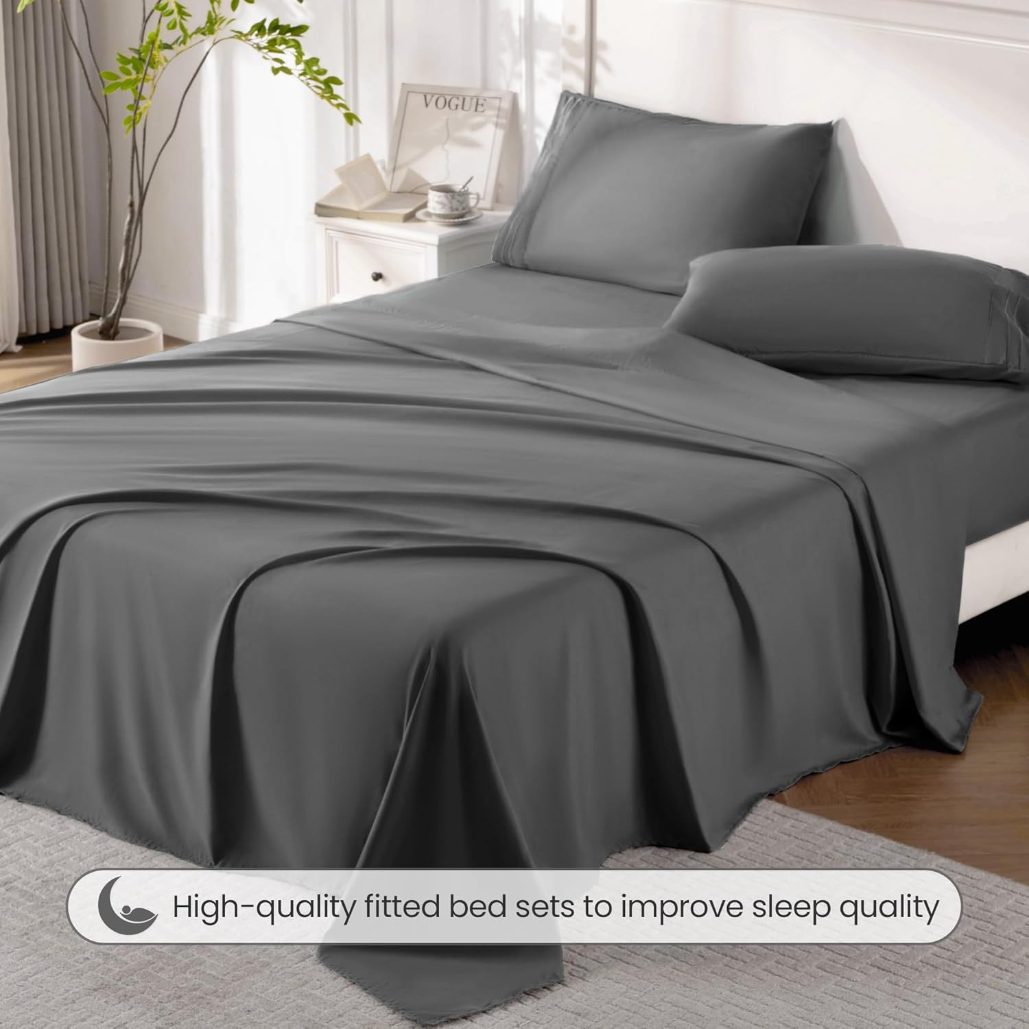 Dark Grey Queen Sheet Set, 4 Pieces Soft Bedding Queen Sheet Set, Breathable and