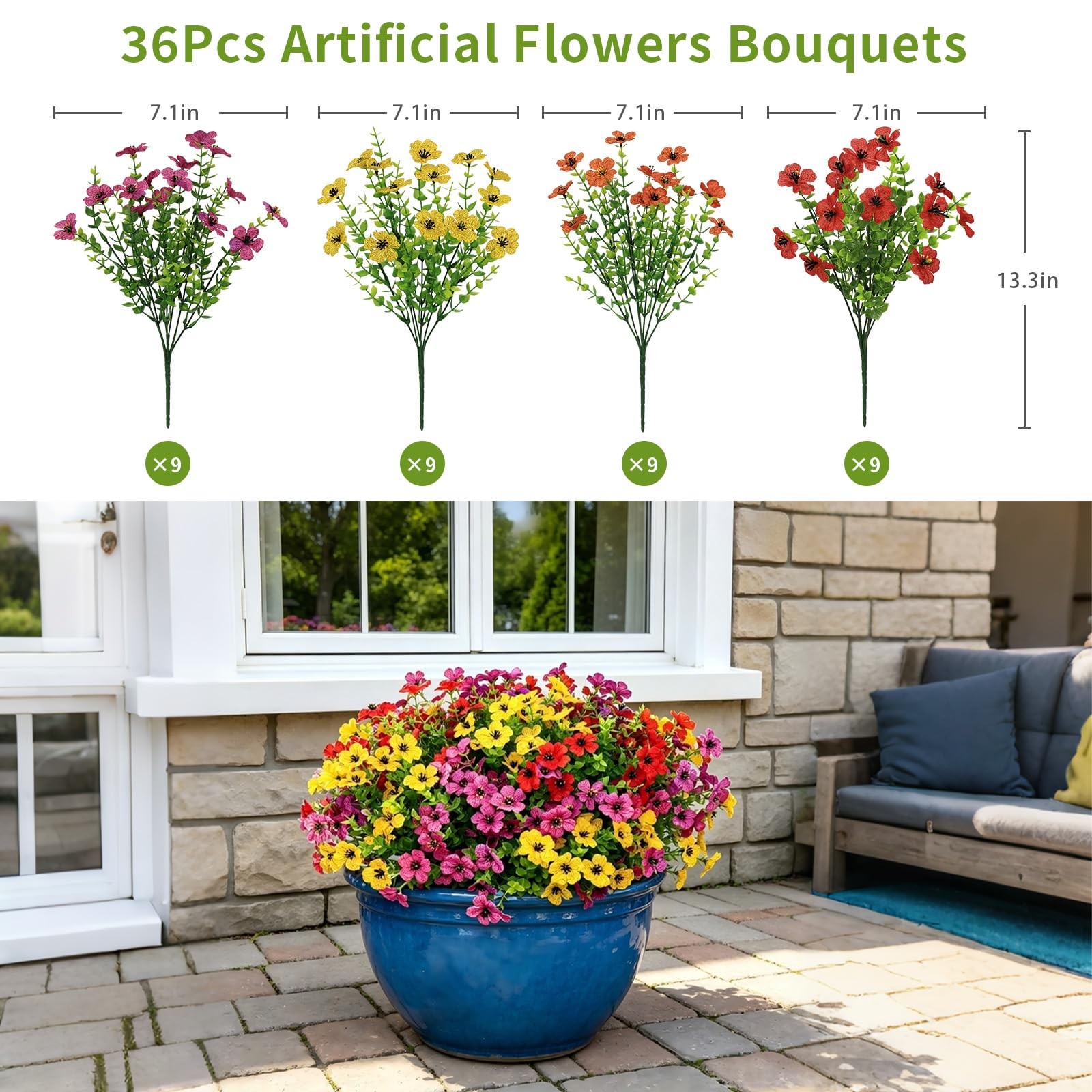 36 Bundles Artificial Flowers for Outdoors, UV Resistant Fake Plants Decor | …
