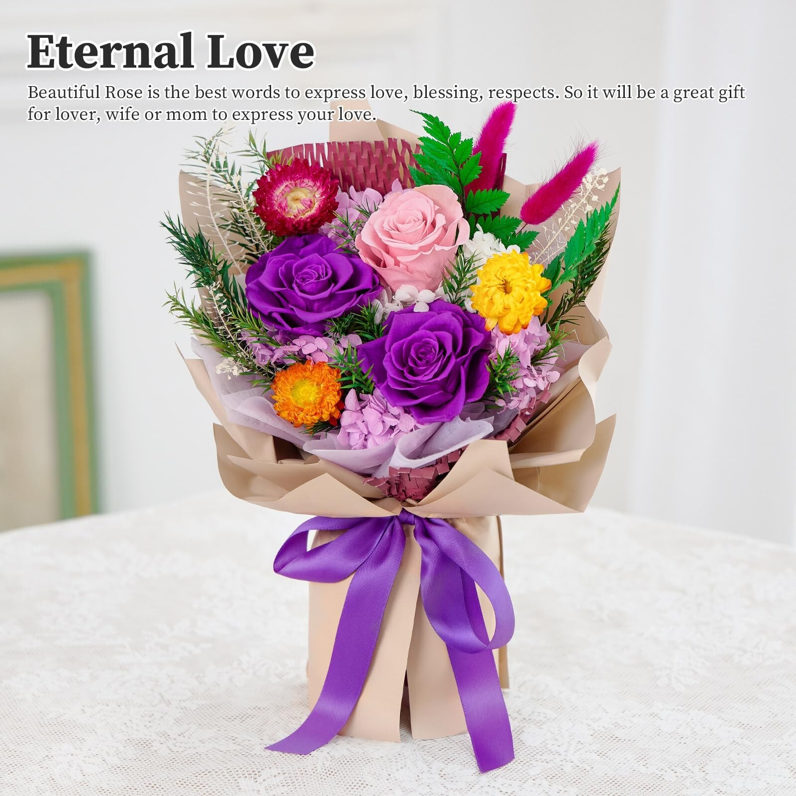 Preserved Flowers Bouquets, Forever Roses Bouquets Purple Flowers Gifts for M…