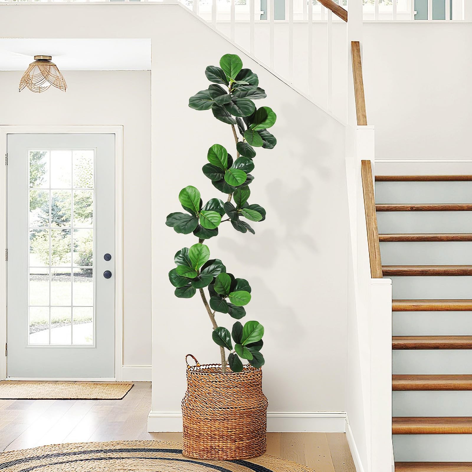 Fiddle Leaf Fig Artificial Tree with White Planter,7 ft Faux Plants Indoor wi…