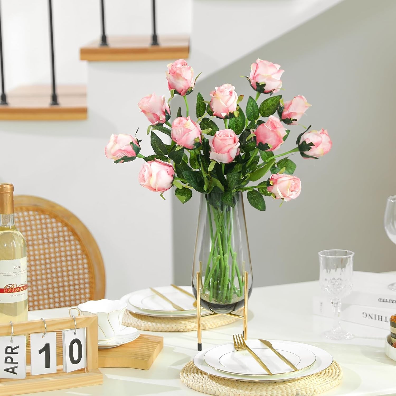 12Pcs Realistic Fake Light Pink Roses Faux Flowers with Long Stems