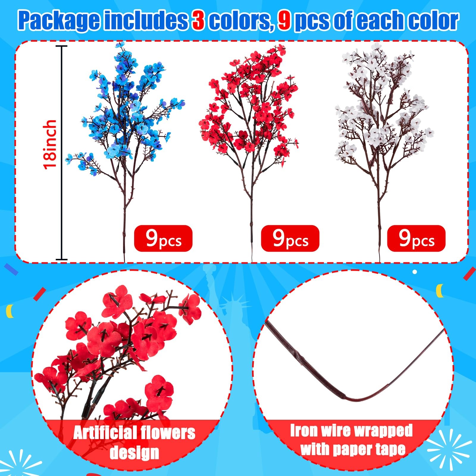 27PCS 4th/Fourth of July Decorations Artificial Flowers Red White Blue Patrio…