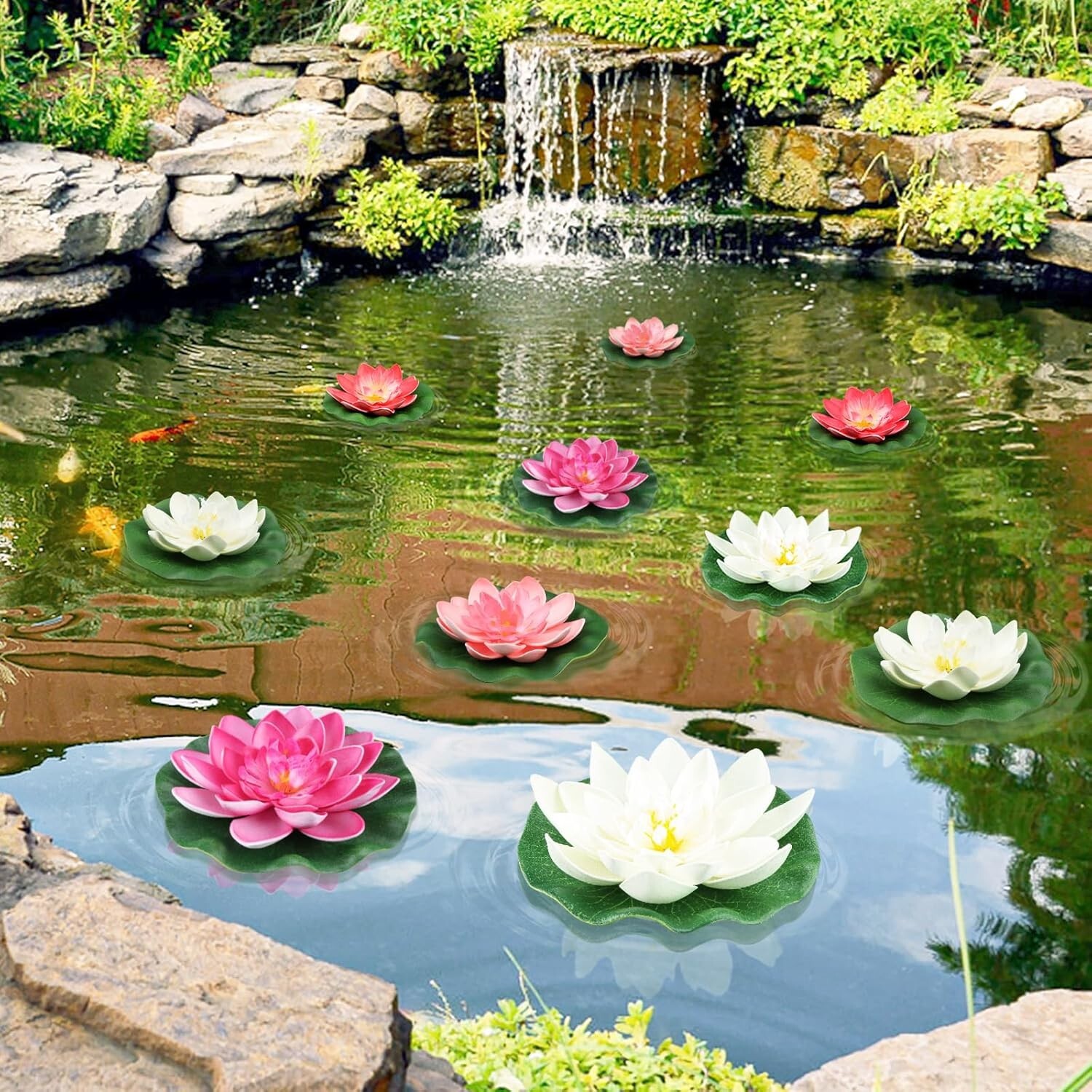 10PCS 3 Sizes Artificial Foam Lotus Floating Flowers with Water Lily Pad Orna…