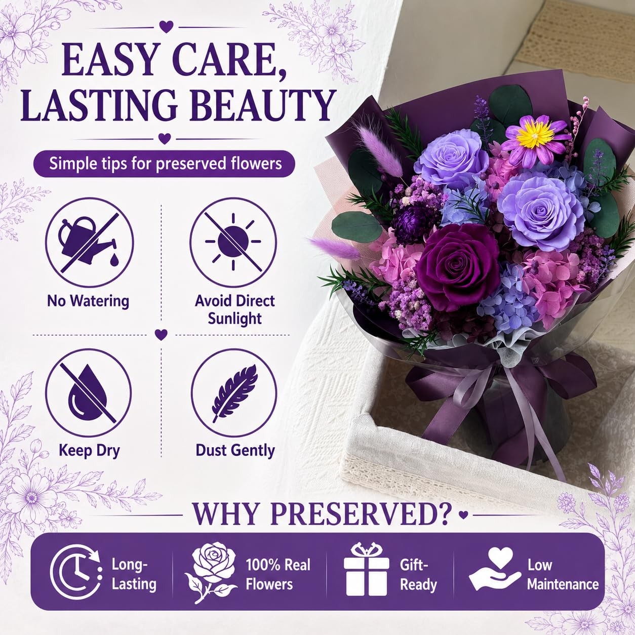 Deep Purple Preserved Real Roses Long Lasting Bouquet Artificial Flowers