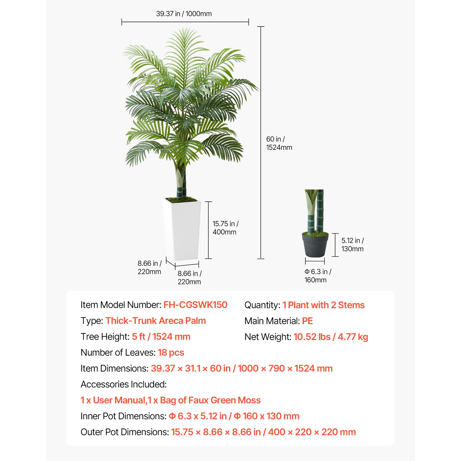 Uimoso 5ft Artificial Areca Palm Tree in Pot Indoor Plant Faux Fake Home Decor