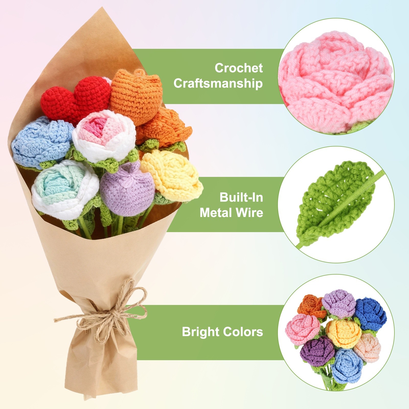 6Pcs Crochet Flower, Rose Handmade Knitted Bouquet, Pink