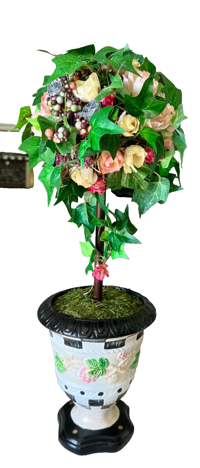 Hand Painted Ivy Floral Rose Topiary – Designer Inspired – Black & White Check