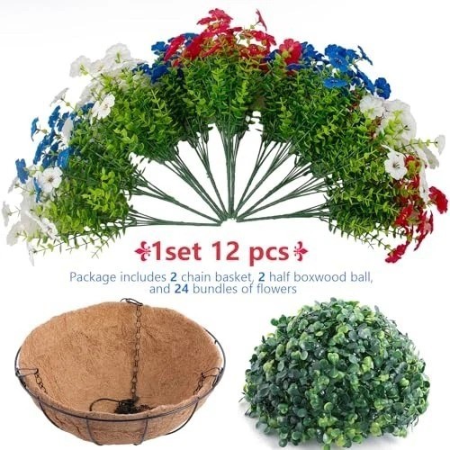 Artificial Hanging Flower Baskets 2 Sets 24 Pieces Red White Blue Patriotic