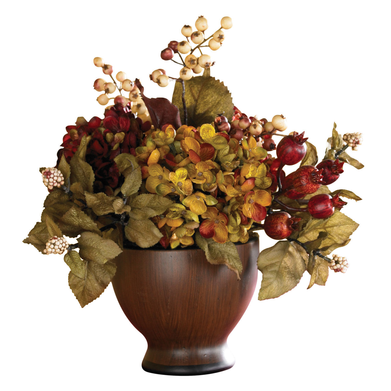 12″ SILK AUTUMN HYDRANGEA ARTIFICIAL FAKE FLOWER ARRANGEMENT w/ WOOD VASE NEW