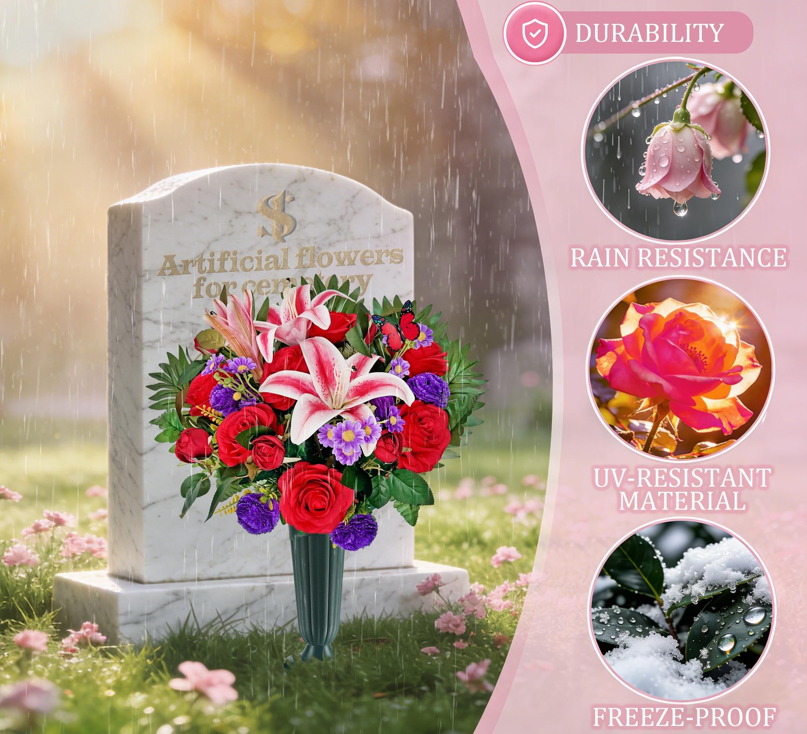 Artificial Cemetery Flower Bouquet, Grave Flower for Headstone Outdoor Decora…