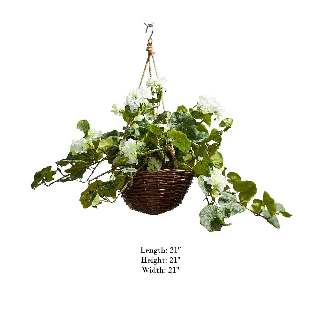White Geranium Faux Flowers Hanging Basket,Natural & Lifelike Floral Arrangement