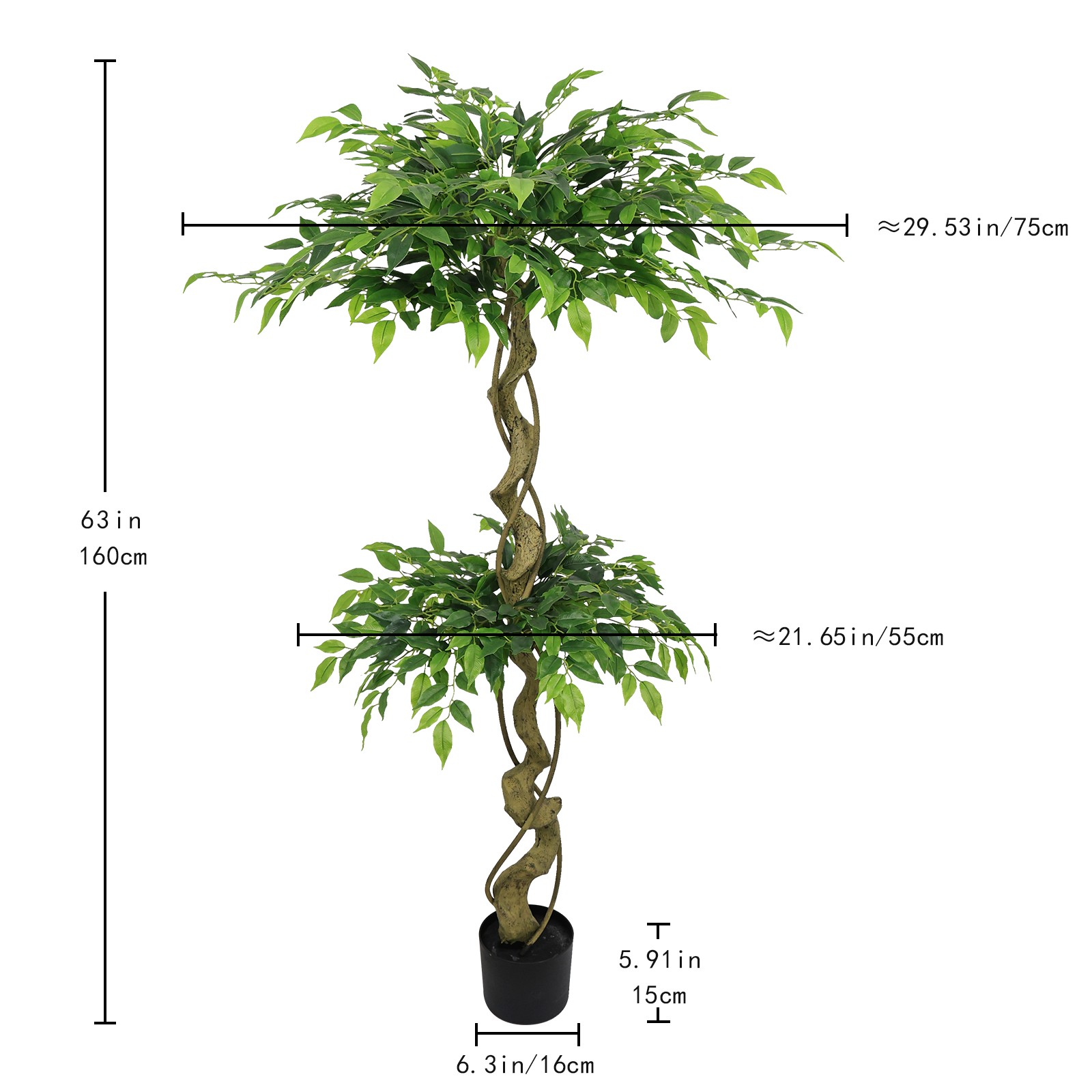 Artificial Ficus Tree 5.2ft Lifelike Fake Banyan with Pot for Home Decor