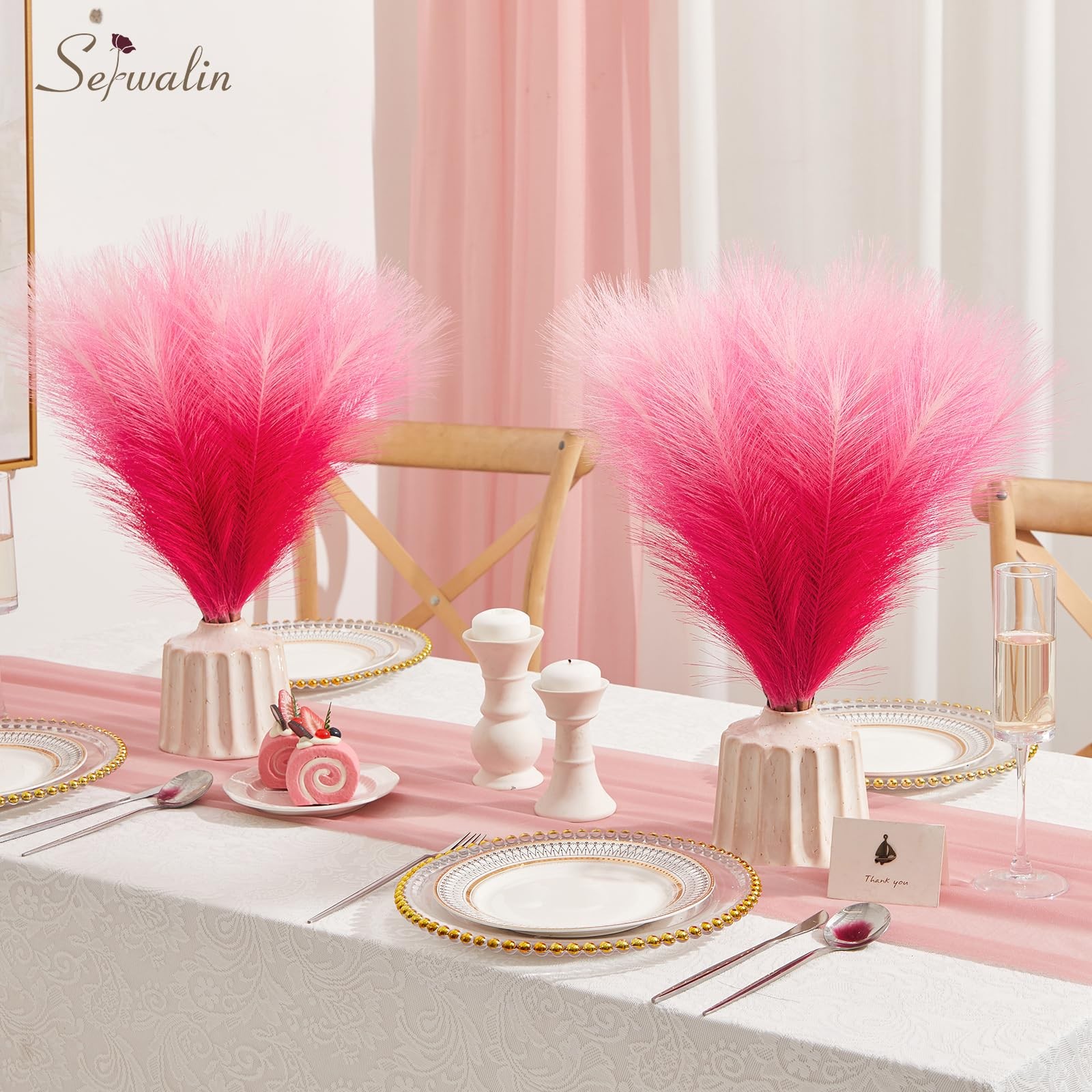 Gradient Hot Pink Pampas Grass Decor,17.7 Inch 6 Pcs Artificial Fluffy Pampas…