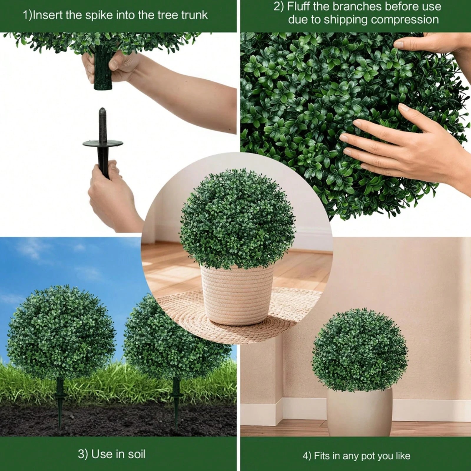 2 Pack Artificial Boxwood Topiary Ball UV Resistant Faux Shrubs Ground Stakes