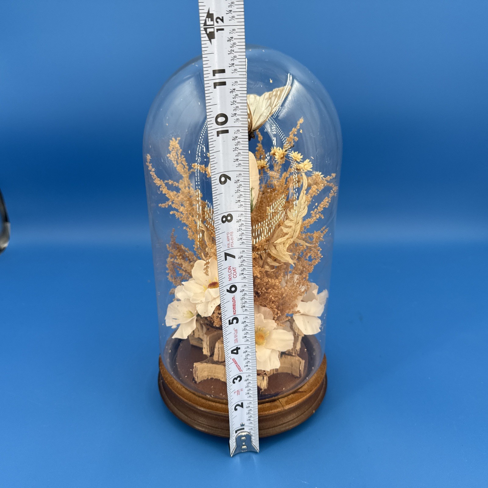 Vintage Butterfly & Flowers Under Glass Dome Wood Base