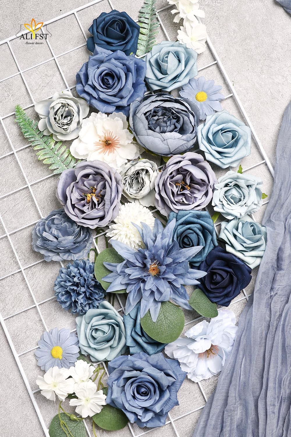 Artificial Flowers Combo Box Set Dusty Blue Silk Cake Bridal Bouquet