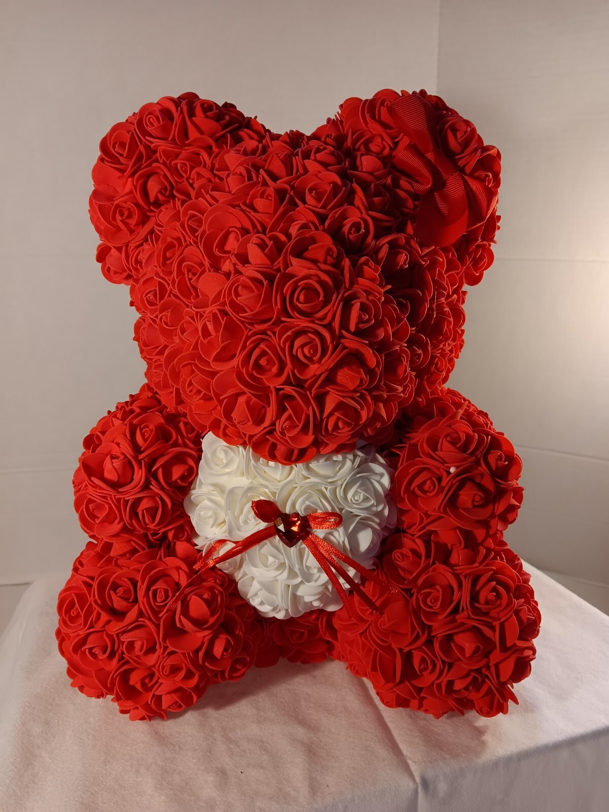 Red Rose Teddy Bear with White Heart – 13″ Artificial Foam Flower Gift – Romanti