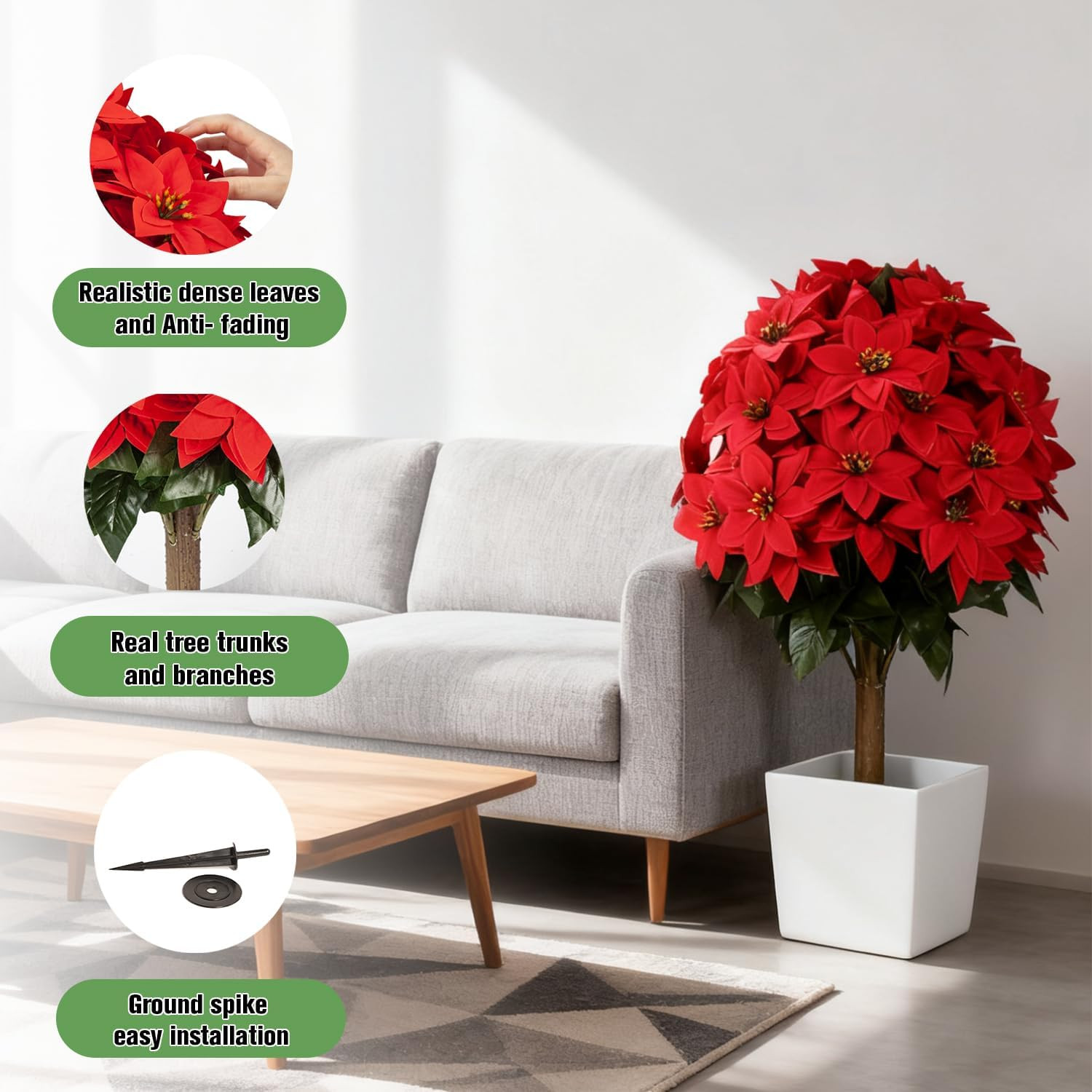 Set of 2 UV Resistant Artificial Poinsettia Topiary Trees for Holiday Decor